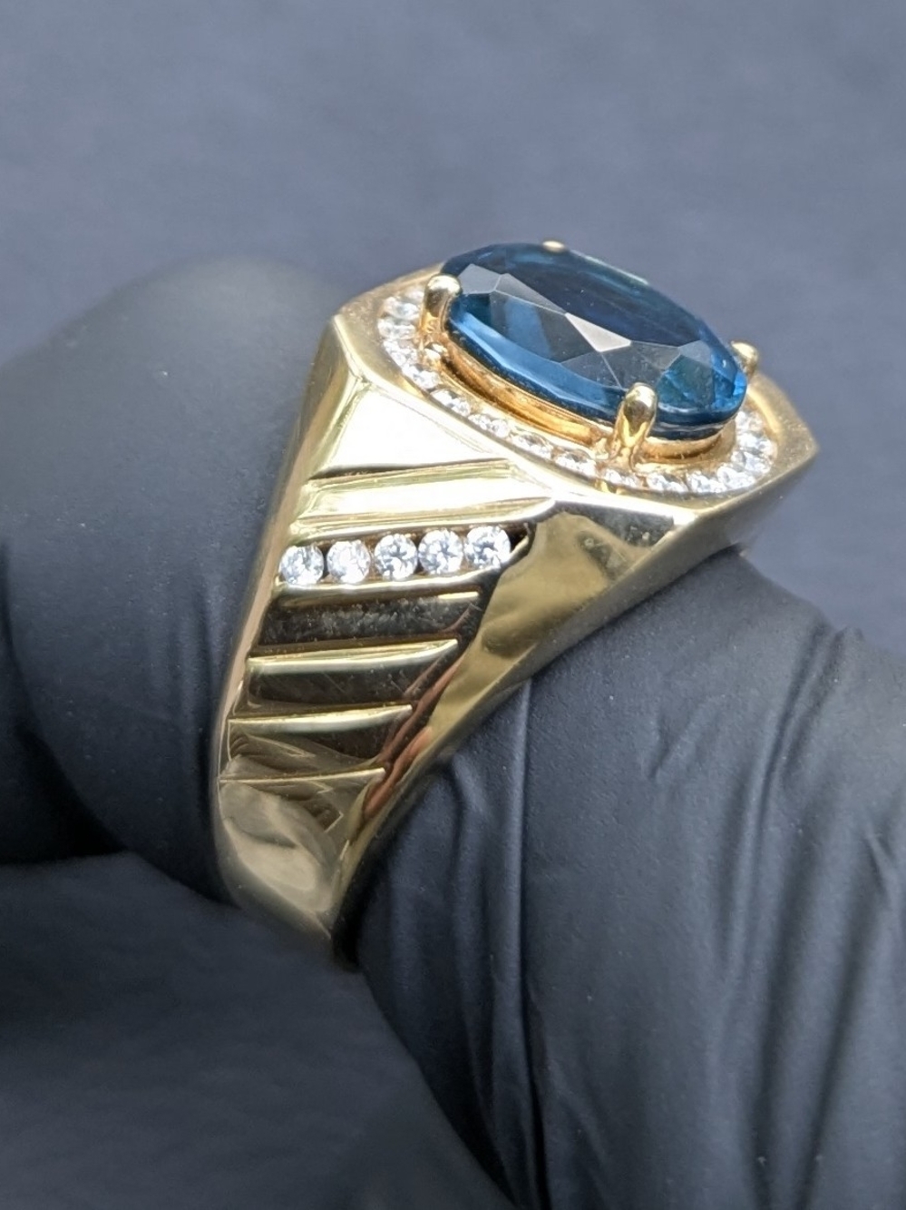 Helzberg Diamonds Gold Ring with Blue Center Stone and Halo - Picture 9 of 12